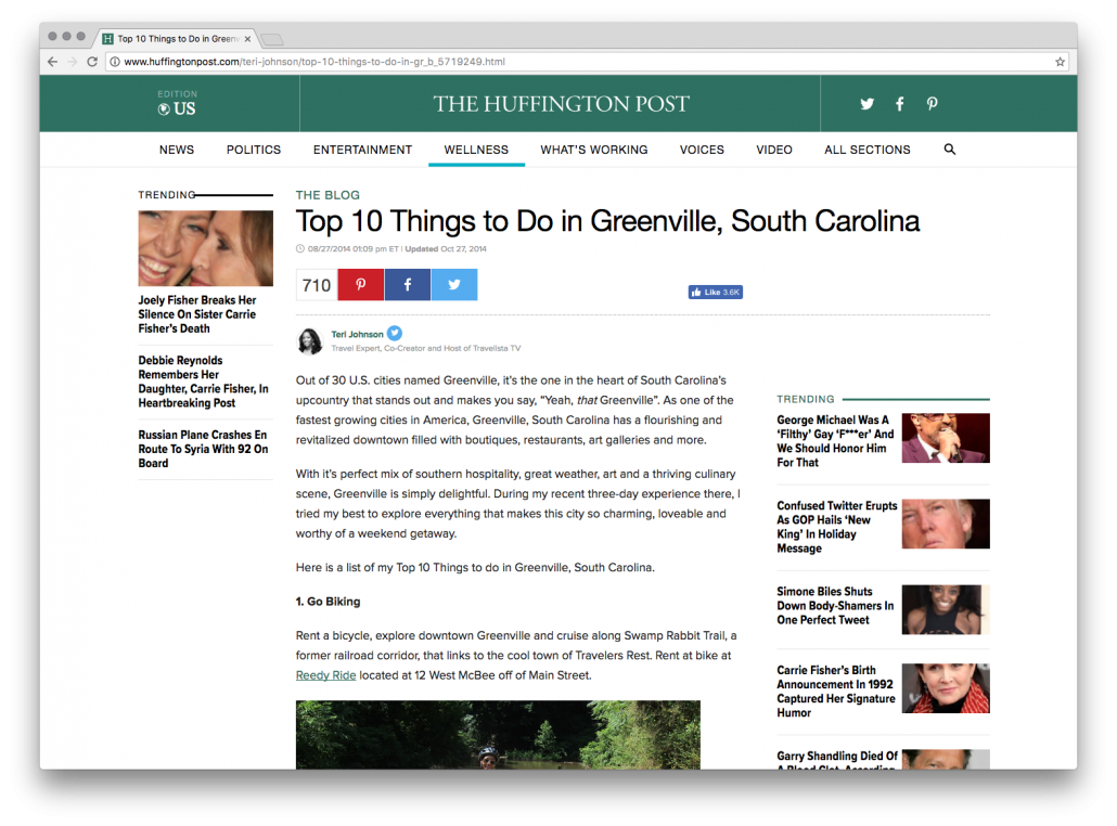 Things To Do in Greenville, SC - feature article in Huffington Post